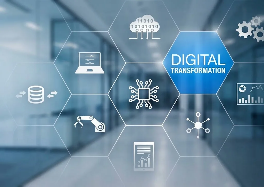 Digital transformation: connected icons for cloud, data, automation, analytics and devices over a modern office corridor