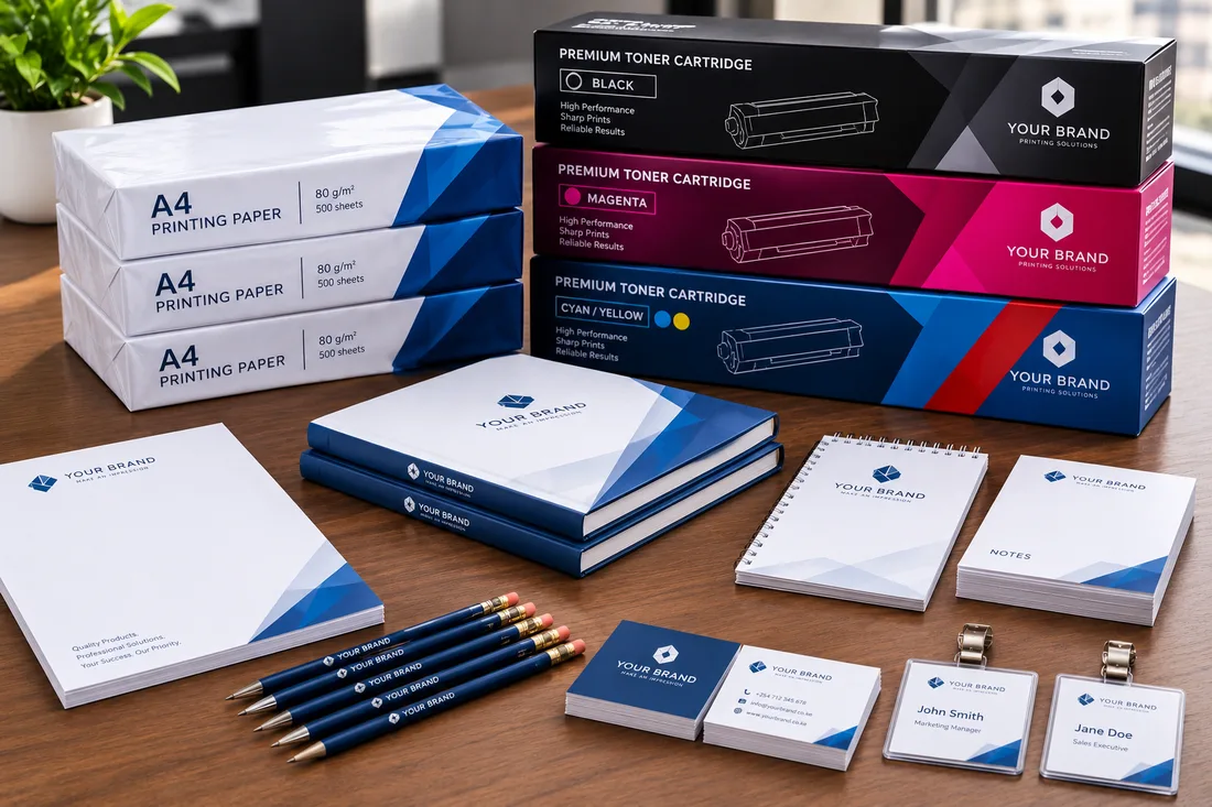 Office supplies including printing paper, toner cartridges, notebooks and branded stationery